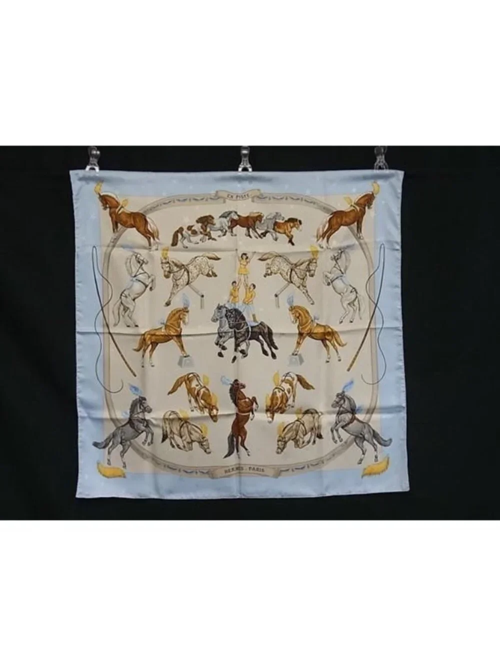 ★SOLD★ Hermes en Piste Carre 90 Silk Scarf Shawl Light Blue - Picture 2 of 6